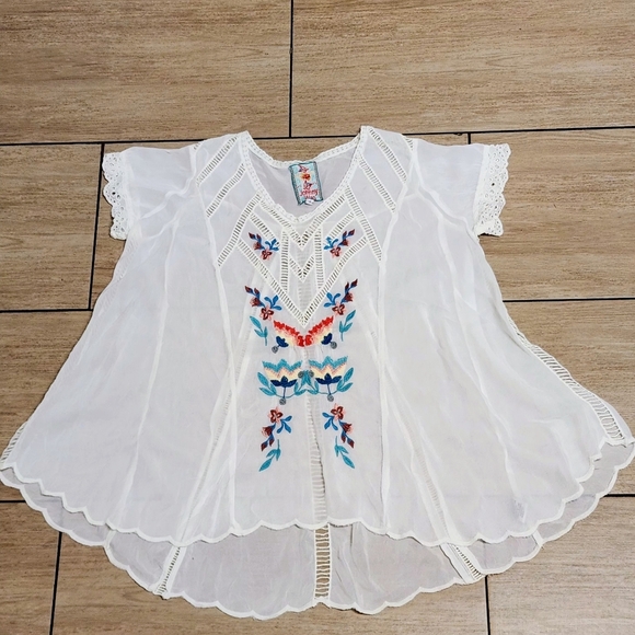 JOHNNY WAS VARA BLOUSE Flared Sheer Lightweight Floral Embroidered White Size S - Picture 13 of 15